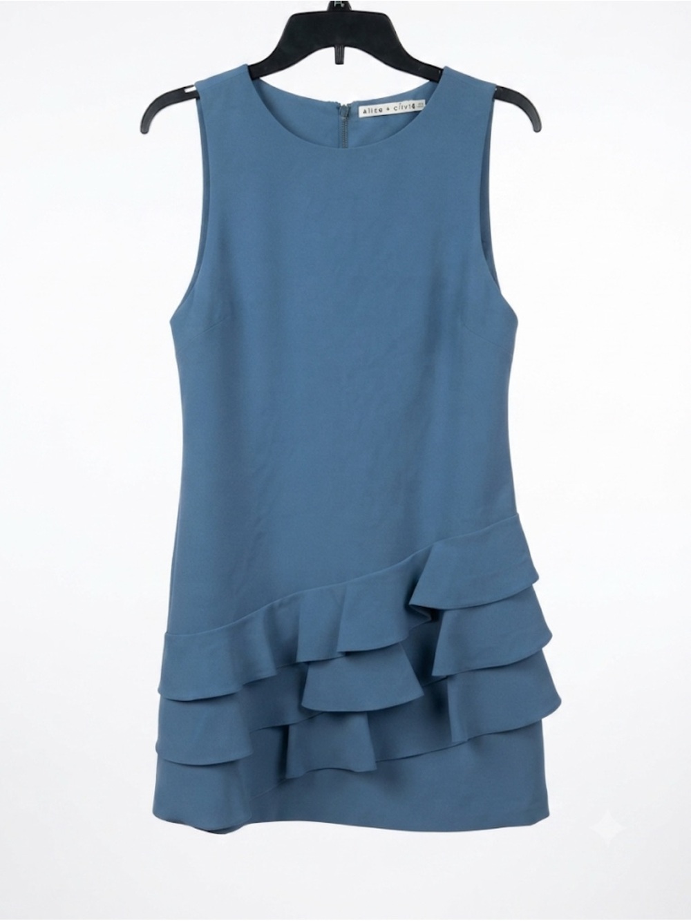 Alice + Olivia Clive Asymmetric Tiered Ruffle Mini Dress Blue 10 EUC